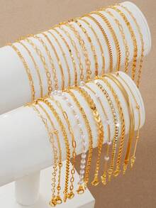 28/16pcs/12/9pcs Fashion Minimalist Classic Copper Braided & Snake Chain Layered Heart Bracelet Set, Gift For Women Birthday, Vacation, Party, Daily Wear - Golden 1 - View 12