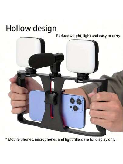 带麦克风支架的多功能手持稳定器、智能手机视频设备、适用于电影制作人和摄影师的防抖三脚架手机支架、手持式手机稳定器、摄影配件、多功能夹具设计、坚固的结构、可调节夹具，兼容 和 Android 手机，适用于暑假、旅行 Vlog、户外活动、直播、稳定的 Vlogging 云台稳定器相机稳定器