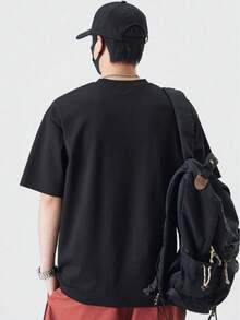 200g Cotton T-Shirt 2025 Men's New Short-Sleeved Cotton Vacation Pattern Short-Sleeved Crew Neck Matching Look - 黑色 - 查看 2