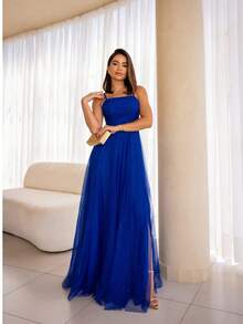 Sparkly Party Dress With Square Neckline, Elegant Debutante Prom Wedding - Royal Blue - View 1