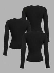 Paquete de 3 Playeras Termica de Mangas Largas de Mujer con Cuello Redondo de gran calidad - Negro - Ver 2