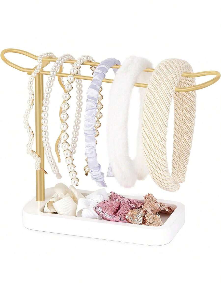 头带架收纳器金属头带收纳发饰收纳架女士少女礼物头带展示架爪夹和发圈架宿舍卧室装饰 - 金色 - 查看 1