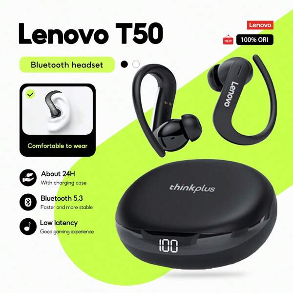 Lenovo Écouteurs Lenovo T50 Bluetooth, écouteurs sans fil, écouteurs étanches avec micro, pour sport, course, jeux, Hi-Fi, réduction de bruit, Bluetooth