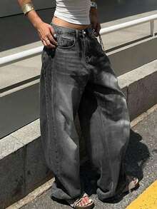 女士休闲宽松阔腿牛仔裤，百搭实用，适合日常通勤和春季街头穿搭 - 深灰色 - 查看 5