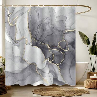 1pc Marble Pattern Printed Waterproof Shower Curtain, Bathroom Accessories, Waterproof & Mildew Resistant, Machine Washable, Polyester Material, Non-Shading, Lightweight & Breathable. Color May Vary Slightly Due To Lighting Conditions. Includes 12 Hooks - Artistic Bathroom Decor.