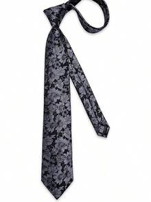 Conjunto de corbata de seda con estampado floral, incluye pinza de corbata, pañuelo y gemelos - Negro y gris - Ver 11