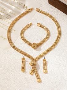 4pcs/Set 18K Gold Plated Minimal Hollow Wide Necklace, Bracelet, Earring Jewelry Set, Luxury Versatile Women Accessory