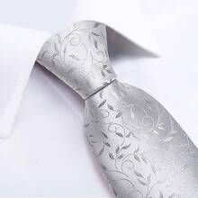 Silk Floral Necktie Set With Tie Clip, Handkerchief & Cufflinks - Silver Flolral - View 10