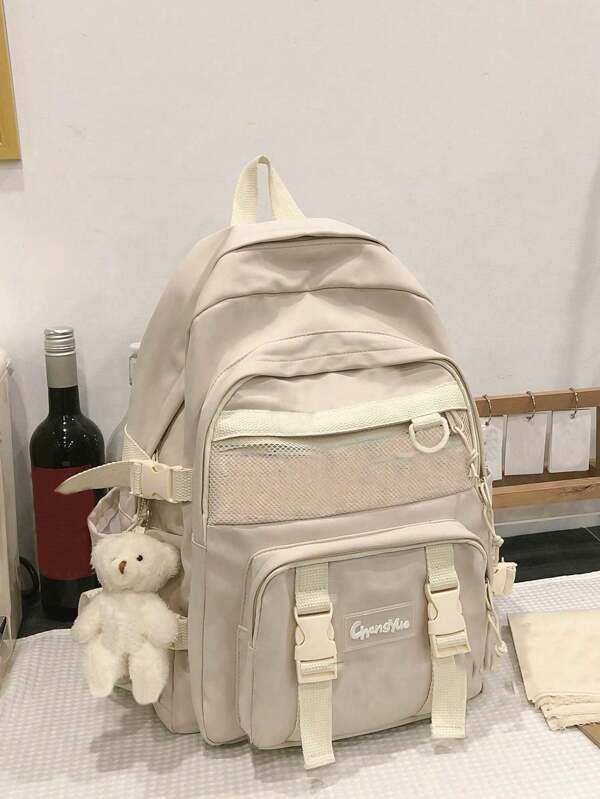 Women's Multi-Functional Outdoor Casual Travel Backpack, Suitable For Daily Match, Letter Classic Backpack With Cartoon Charm Preppy Badge Decor For School, Back To School Laptop Bags & Cases, Back To School Supplies Fashionable And Simple Multi Pocket Single Shoulder Bag With Large Capacity Mesh Decoration And Cartoon Pendant Anti-Theft Backpack For Back To School Season College Style Backpack