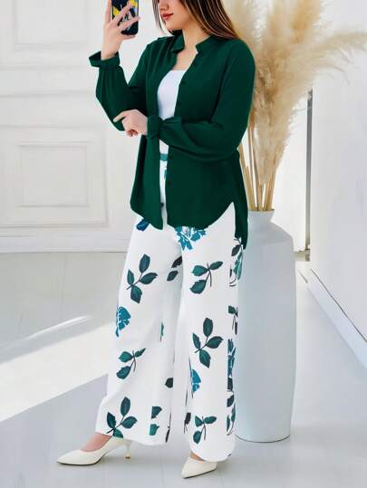 2 pièces Ensemble chemise ample à manches lanternes décontractée et pantalon droit à imprimé floral pour femmes, automne/hiver