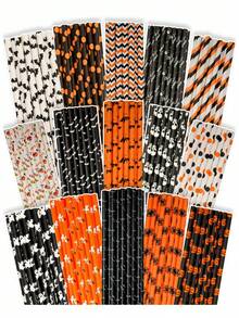 25 unidades Pajitas de Halloween, pajitas de papel desechables creativas para jugo y cócteles con diseños de calabaza, calavera, rayas, ondas y puntos, adecuadas para fiestas, eventos, manualidades, Halloween, cumpleaños y otras ocasiones, decoraciones prácticas, decoración de Halloween con fantasma y calabaza, decoraciones para fiestas - Multicolor - Ver 1