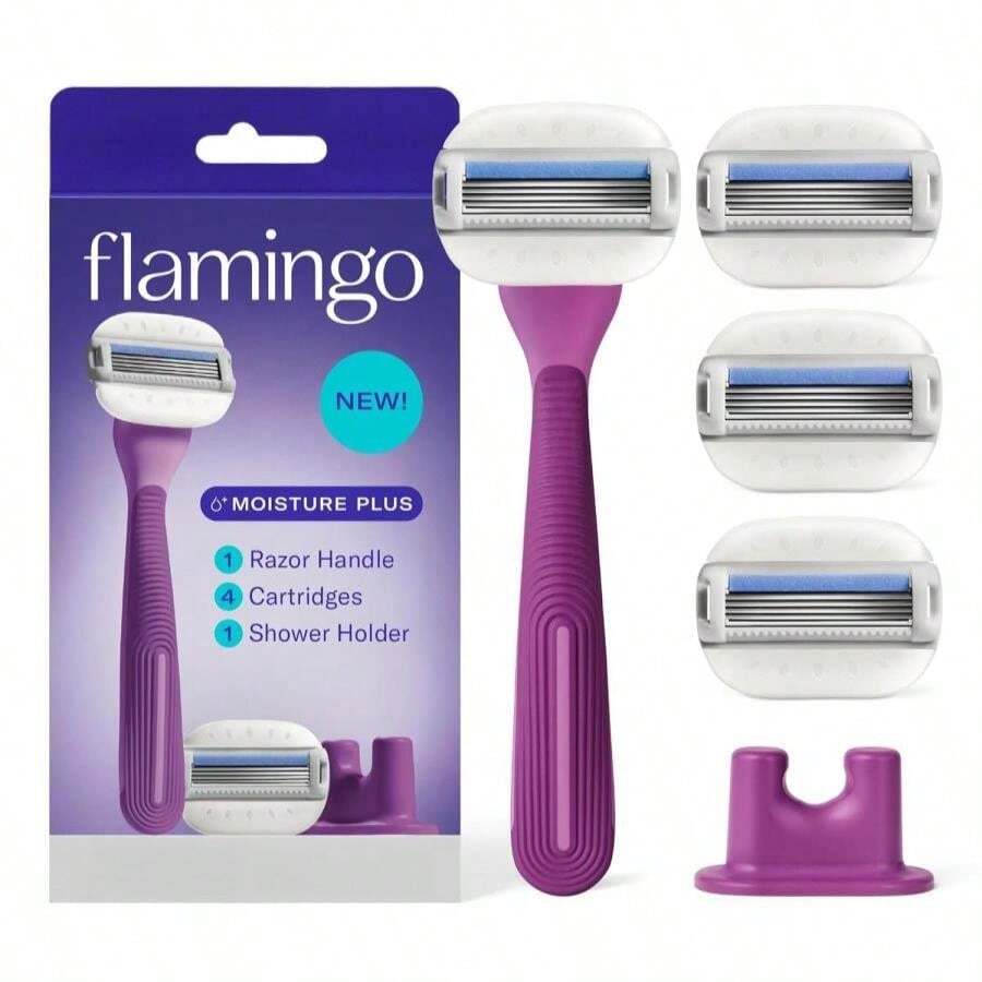 Flamingo Moisture Plus Women'S Razor Set - Razor Handle, 4 Blade Refills, Shower Holder - Fig - Quả sung - Xem 1