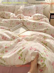 3 件套加厚涤纶清新印花可水洗床上用品套装，适合男孩和女孩宿舍，包括 1 个羽绒被套和 2 个枕套（无填充物）