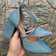 Women's Pumps, Cross Straps, High Heels, 8 Cm, Thick, Elegant Shine, Original Show Show - 藍色光芒 - 查看 2
