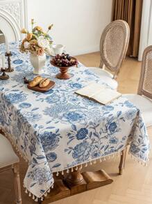1 件蓝色花卉流苏桌布，复古风格，带流苏，涤纶纤维材质，可水洗，适用于床头柜、餐桌、咖啡桌、沙发套、农舍家居、家庭用餐、厨房、晚餐、派对、感恩节、秋季装饰、四季装饰 - 藍色 - 查看 22