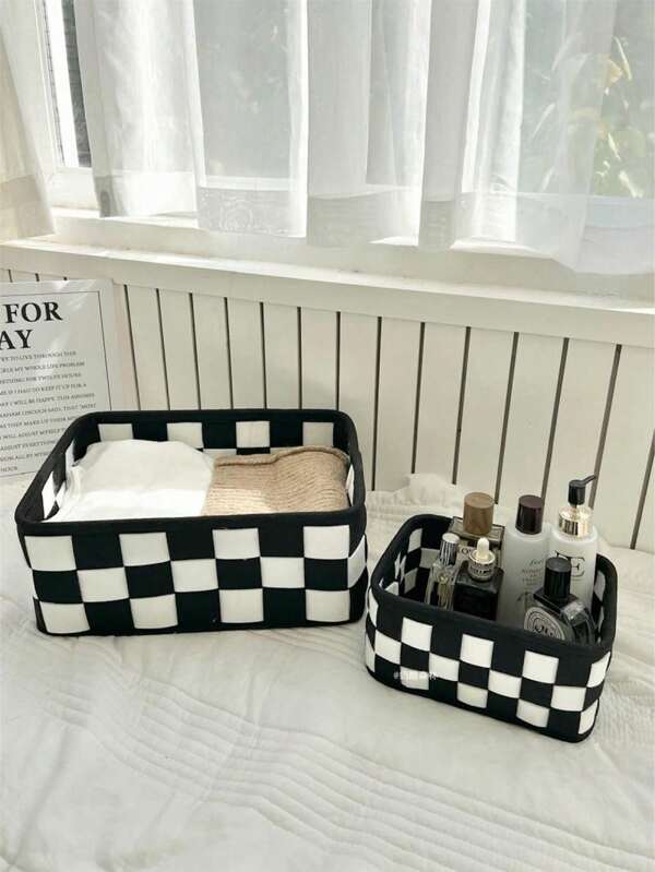 1pc Handwoven Checkerboard Felt Desktop Storage Basket, Creative Handmade Organizer Bin For Toys And Accessories