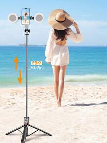 自拍杆是一款1.8米遥控无线控制手机三脚架，配备LED三色美颜补光灯，是旅行必备单品。可自由伸缩，10米距离遥控拍摄录像，是目前市面上最稳定的三脚架自拍杆，可手持可放于地面。