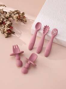 5PCS Personalized Customization Name Baby Silicone Utensils Mini Spoon Fork Food Accessories Solid Color Baby Tableware Print On Demand Baby's Cutlery - Multicolor - View 11