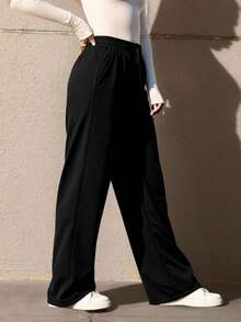Pants Anchos Mujer Afelpado Jareta De Ajuste Corte Wide Leg - Negro - Ver 3