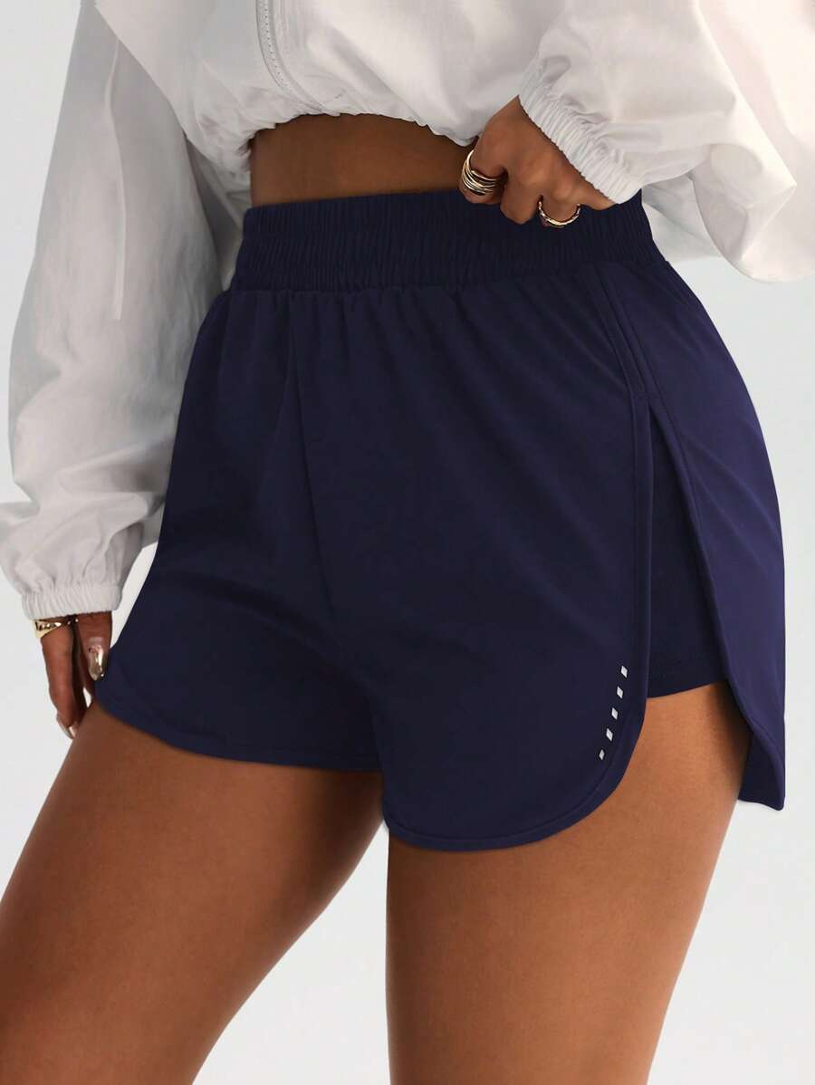 FWH High Waist Slimming Yoga Shorts With Side Slit, Stretchy Workout Shorts For Fitness And Casual Wear - Navy Blue - View 1