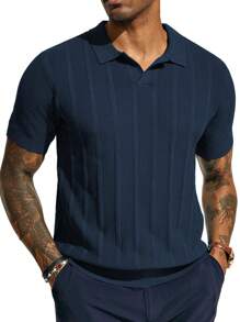 Polo de punto de manga corta azul marino para hombres - Patrón de acanalado vertical - Cómodo y elegante para uso diario y casual