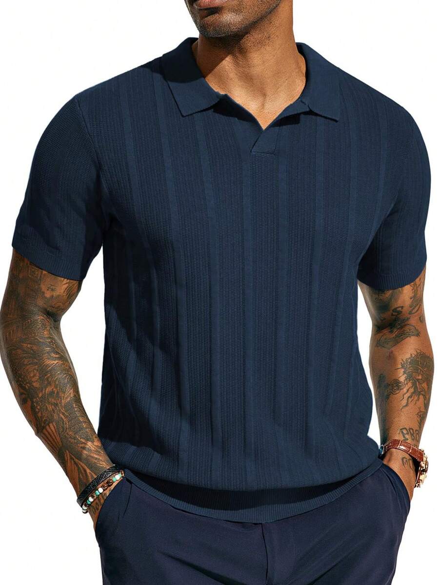 Polo de punto de manga corta azul marino para hombres - Patrón de acanalado vertical - Cómodo y elegante para uso diario y casual