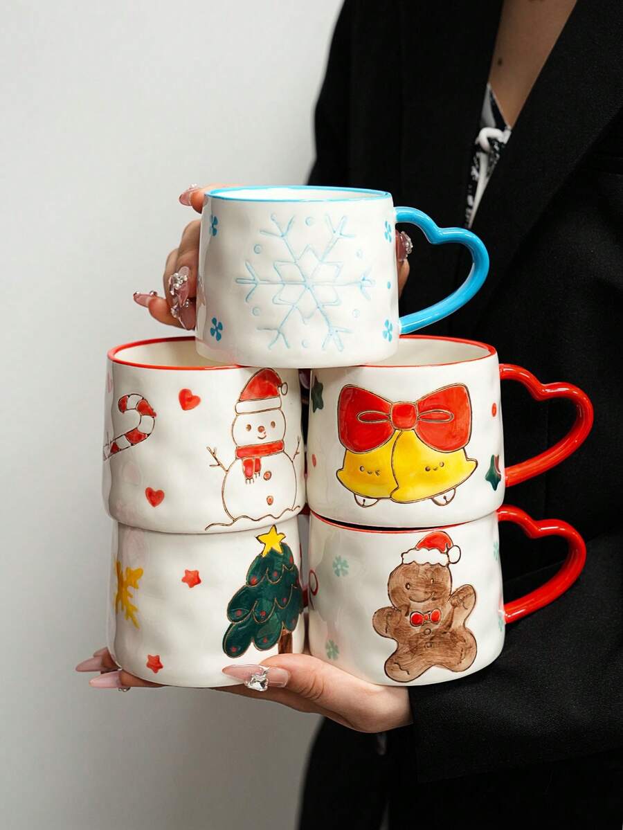 1 件圣诞陶瓷杯，欧洲节日图案礼品咖啡杯，带雪花和圣诞树的可爱少女陶瓷杯，心形创意手绘咖啡杯，圣诞礼物