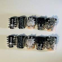Y2K BEGAVET New 10pcs Duck Nails Handmade Salon Quality Press On Nails Black Punk Nails Exclusive Design 3D Nails With 3D Charms, Suitable For Valentine, New Year Parties/Music Festival And Daily Wear - màu đen - Xem 3