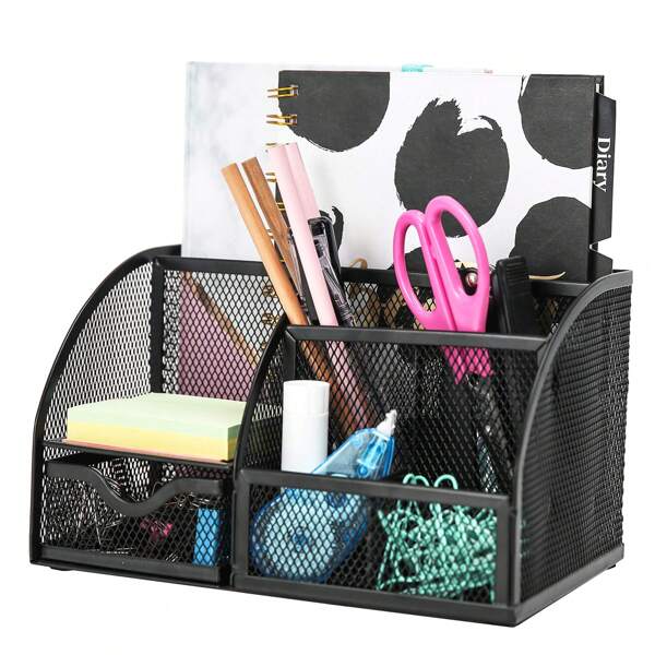 1 pieza Organizador de escritorio negro Accesorios de oficina Suministros Almacenamiento de oficina Soporte para lápices y bolígrafos con cajón Espacio de trabajo en casa Rosa