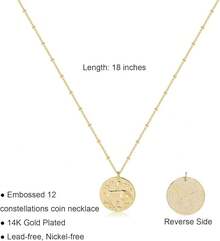 Zodiac Coin Embossed Choker Necklace Disc 12 Astrology Horoscope 14K Gold Plated Round Pendant Personalized Necklace Women Men - D 金牛座(4月20日-5月20日) - 查看 2