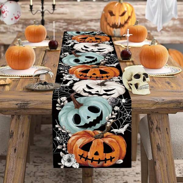 1/25pcs Halloween Table Runner, Pumpkin, Ghost, Spider Web Design, Suitable For Rustic Decor, Indoor Kitchen Celebration, Anniversary Dinner. Halloween Party Supplies, Holiday Gift, Room Decor, Dining Table Decoration