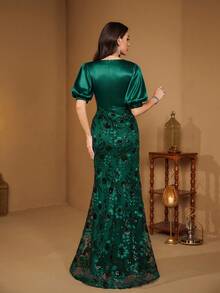 【随机印花】UNITHORSE 女士 V 领灯笼袖亮片拼接缎面修身优雅晚礼服 - 墨綠色 - 查看 4