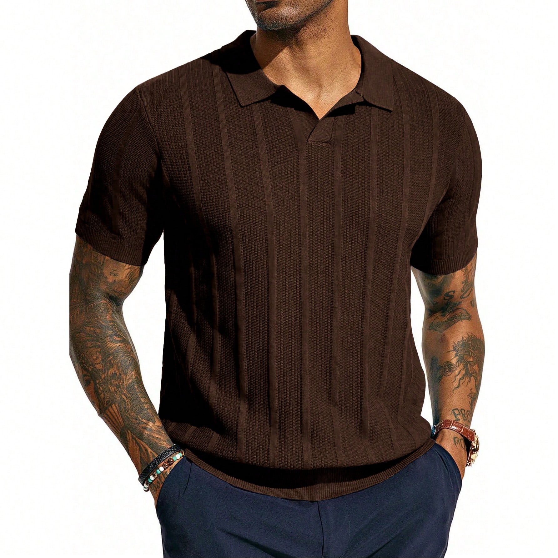 Polo de manga corta de punto de color azul marino para hombres - Diseño de costillas verticales - Cómodo y elegante para uso diario y casual elegant