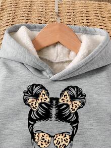 少女卡通印花保暖连帽衫和运动裤套装 - 灰色 - 查看 3