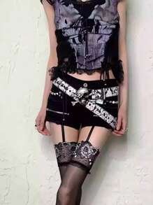 1 件水钻腰带全对比，水钻水钻亮片镶嵌骷髅腰带，适合女士 - 西部牛仔风格，时尚字母图案朋克哥特街头朋克风格闪亮皮革十字架装饰 Y2K 水钻水钻腰带女士日常休闲外出装，派对，舞会，闪亮装饰，外出，送给女友和家人的礼物，秋季，万圣节