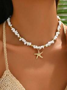 1pc Turquoise Beaded Necklace With Metal Starfish Pendant, Suitable For Women's Daily And Travel Wear - Multicolor - View 2