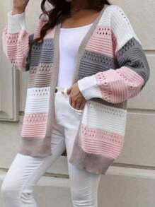 Plus Size Casual Loose Color Block Mid-Long Cardigan Knitted Sweater For Women, Fall & Winter