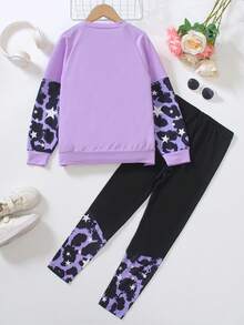 2pcs/Set Tween GirlsCartoon Portrait Print Sweatshirt & Skinny Pants Suit, Streetwear Fashion, Autumn - Purple - View 7