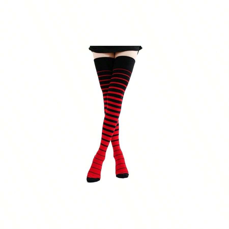 Kayhoma Extra Long Gradient Zebra Stripe Thigh High Socks Over The Knee High Socks - 黑色/紅色 - 查看 1