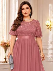 MIUSOL Plus Sequin Floral Lace Butterfly Sleeve Chiffon Pleated Hem Evening Party Long Dress - Bụi hồng - Xem 7