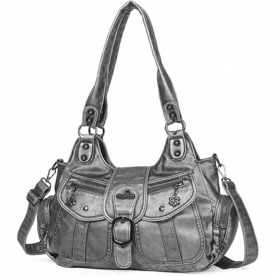 Hobo Bags For Women Vegan Leather Shoulder Purses And Handbags Ladies Roomy Tote Bags Purse With Crossbody Strap - 銀灰 - 查看 1