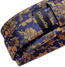 Silk Floral Necktie Set With Tie Clip, Handkerchief & Cufflinks - Blue and Gold - View 7