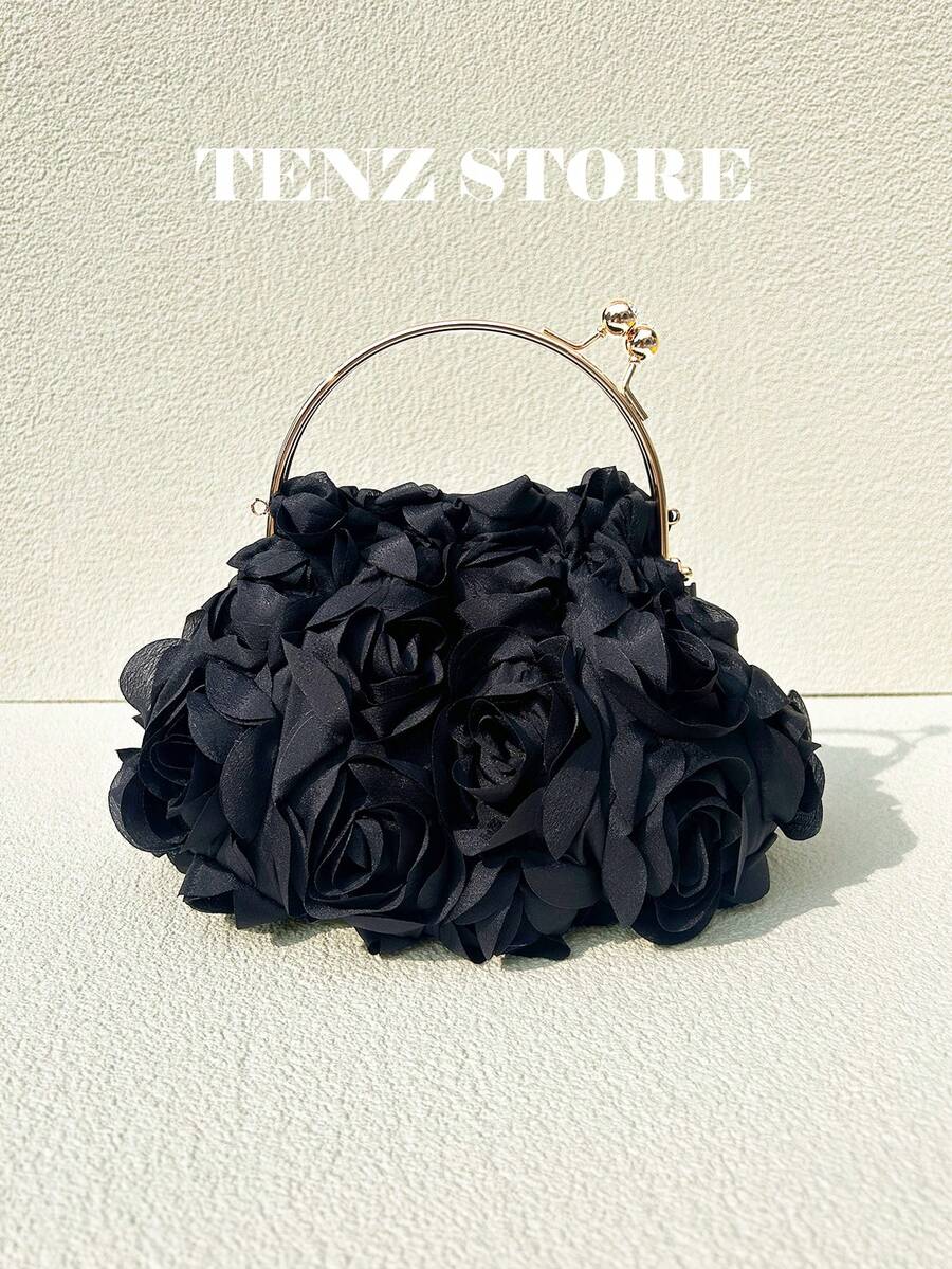 Tas Malam Bunga Mawar Hitam 3D, Tas Tangan Chiffon Bergaya dengan Tali Rantai yang Dapat Dilepas, Muat Ponsel dan Barang-Barang Penting, Cocok untuk Pernikahan, Kencan, Prom, Liburan, Malam Bersama Teman Wanita, Pesta Kelulusan, Gala Musim Semi, Pesta Koktail