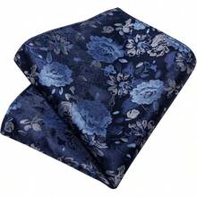 Conjunto de corbata de seda con estampado floral, incluye pinza de corbata, pañuelo y gemelos - Azul marino - Ver 9