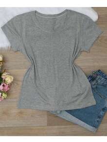 Women's Basic Viscolycra Blouse Round Neck Baby Look Short Sleeve - 灰色 - 查看 2
