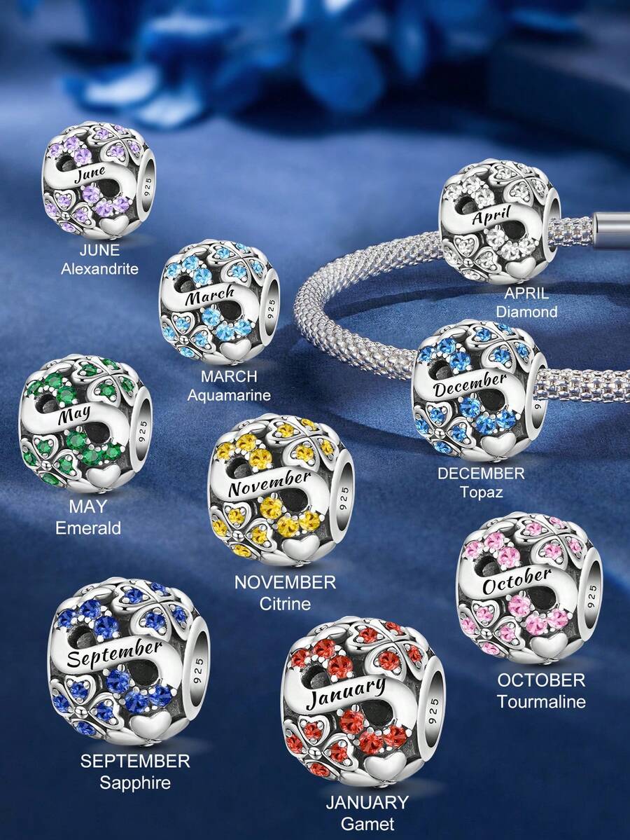 1件时尚925纯银十二月生辰石串珠吊坠，适合女士手链、手镯DIY饰品制作、周年纪念礼物、优雅女士饰品 - 銀色 - 查看 1