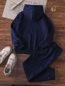 2pcs/Set Tween Boy Casual Logo Print Fleece Hooded Sweatshirt And Sweatpants Set, Suit Set, Autumn/Spring/Winter - Navy Blue - View 3