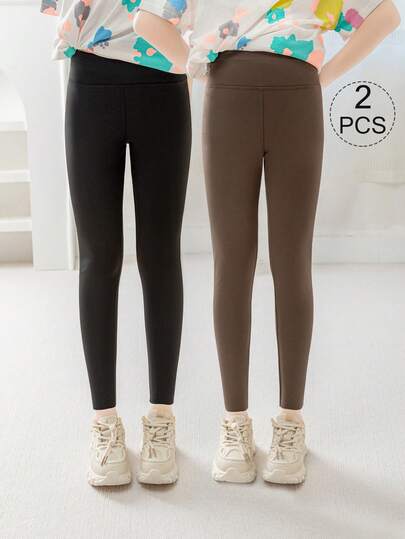 2/1 Pair Girl Yoga Leggings, Summer Tight Pants, Children Skinny Pants, 7/8 Length Leggings, Black, Khaki, Solid Color, Multi-Color, Spring/Summer, Thin For All Seasons, Casual Pants, 7/8 Pants, Simple & Fashionable, Suitable For Daily Wear, Sportswear, Can Be Worn As Pants, Soft & Comfortable Leggings, Students Can Match With Short Sleeves, Suitable For Back To School Season, Casual & Versatile, Students, New School Term, Back To School, Classroom