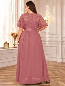 MIUSOL Plus Sequin Floral Lace Butterfly Sleeve Chiffon Pleated Hem Evening Party Long Dress - Bụi hồng - Xem 2