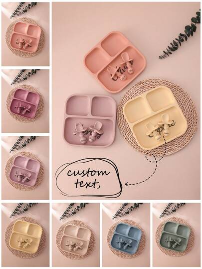 3 Peças Conjunto de Utensílios de Silicone para Crianças, Nome Personalizável, Prato Quadrado com Ventosa, Mini Colher e Garfo, Conjunto de Louça de Cor Sólida, Prato Macio para Crianças, Adequado para Meninos e Meninas